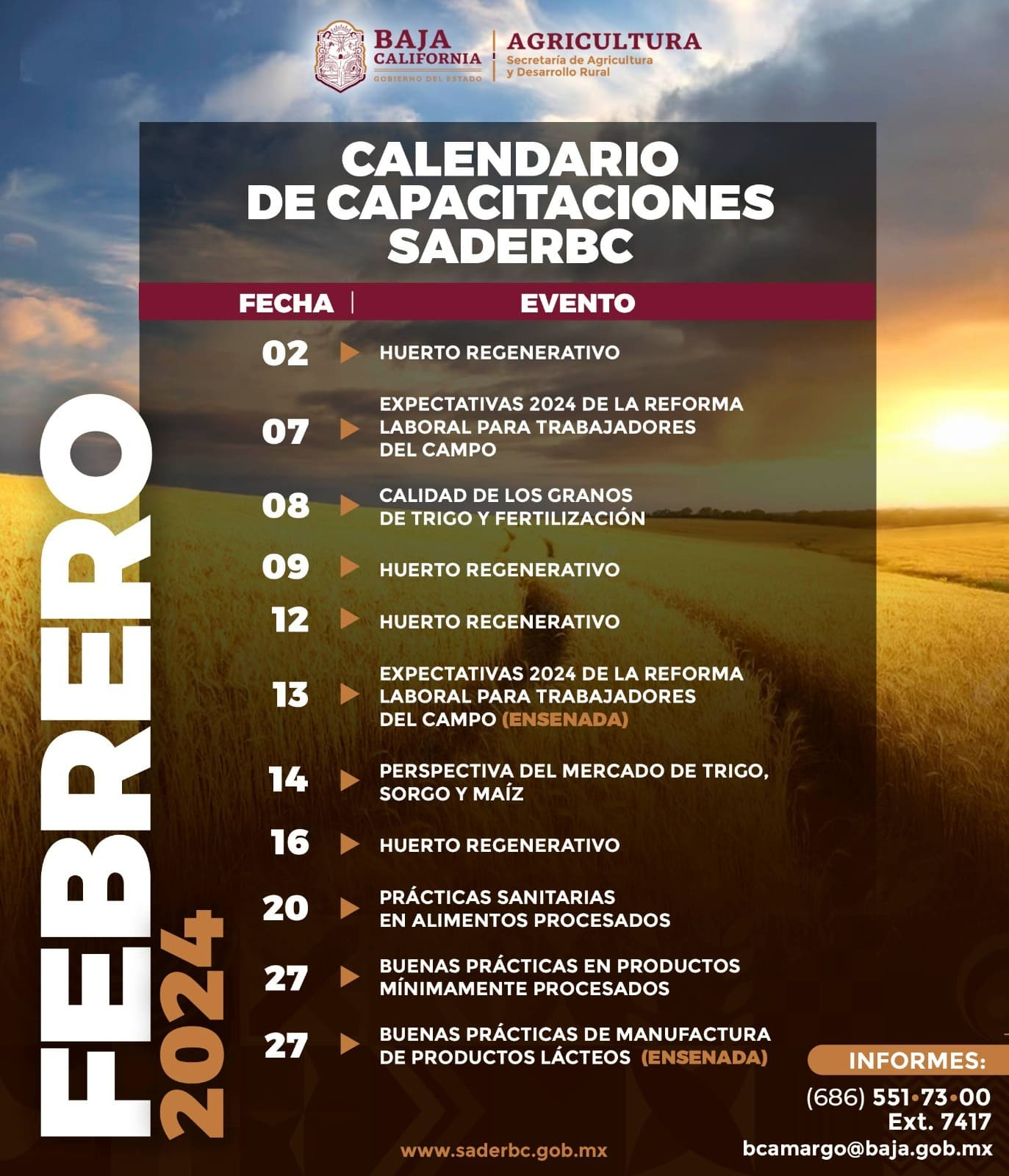 PRESENTA SADERBC CALENDARIO DE CAPACITACIONES PARA FEBRERO 2024